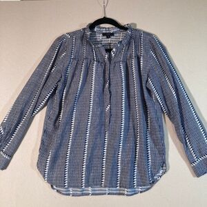J Crew Blouse XS Navy Re-Imagined Ruffle Neck Button Up Stripe Geometric‎ Design